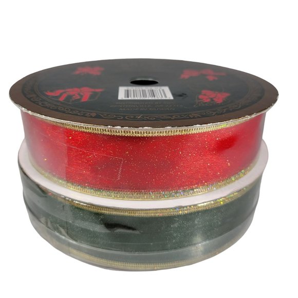 LOT OF 2 SEALED‎ 55 YARDS RED GREEN PRINT WIRE EDGED 2 1/2" RIBBON - Picture 1 of 6